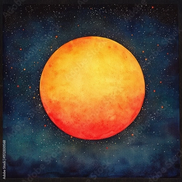 Fototapeta Watercolor painting of a large, vibrant orange and yellow celestial body, reminiscent of a full moon or planet, set against a dark blue night sky speckled with tiny stars
