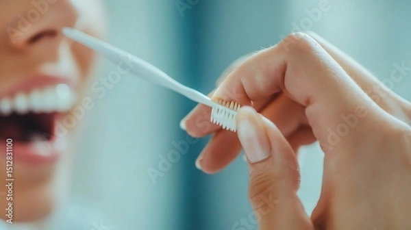 Obraz Dental Care Woman applying teeth whitening serum enjoying spa like experience Explore variation Family brushing their teeth together bathroom Dentist examining patient's teeth gentle touch Close up of