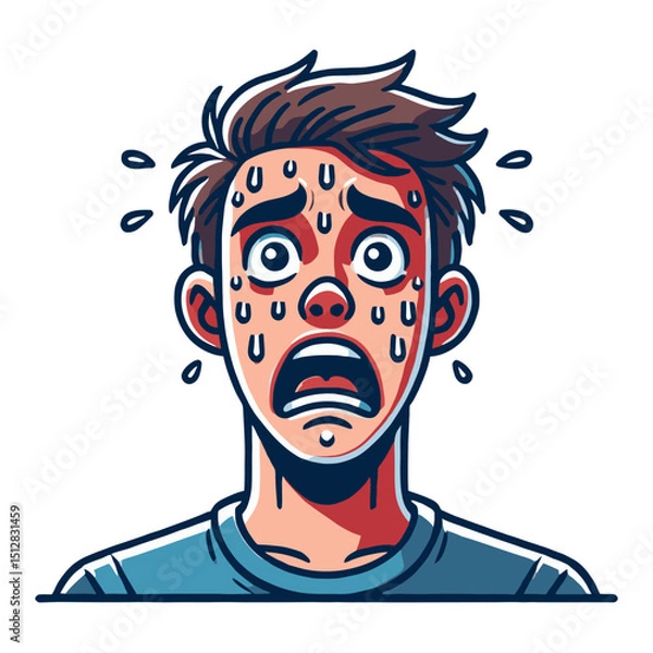 Fototapeta Distressed Man Sweating with Wide Eyes on White Background Cartoon Style