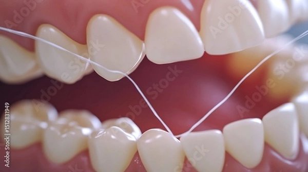 Obraz Dental floss being used clean between teeth close up