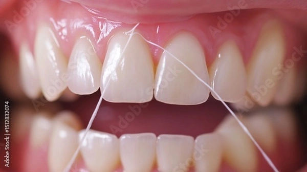 Obraz Dental floss being used clean between teeth close up