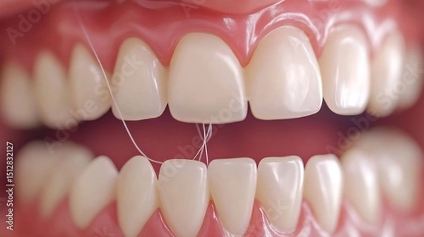 Obraz Dental floss being used clean between teeth close up