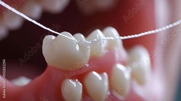 Obraz Dental floss being used clean between teeth close up