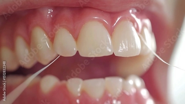 Obraz Dental floss being used clean between teeth close up