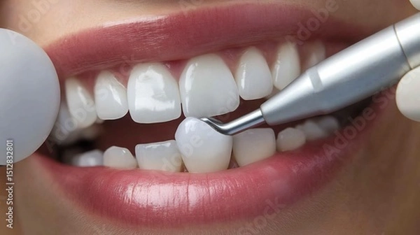 Obraz Dental hygienist cleaning patient's teeth with an ultrasonic scaler close up