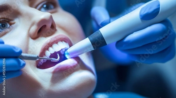 Obraz Dental hygienist cleaning patient's teeth with an ultrasonic scaler close up