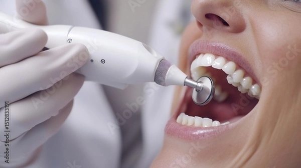Obraz Dental hygienist cleaning patient's teeth with an ultrasonic scaler close up