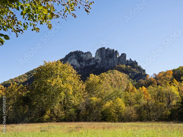 Obraz Summit of Seneca Rocks, West Virginia, framed by trees in fall colors, a meadow and a blue sky