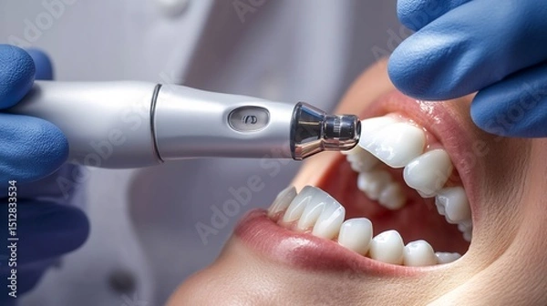 Obraz Dental hygienist cleaning patient's teeth with an ultrasonic scaler close up