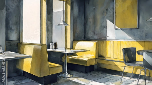 Obraz visual for architectural solitude article | void within space | emotional distance | grey and lemon | architectural grid | lone diner | muted color field | understated contrast | New England