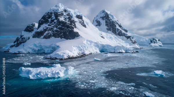 Fototapeta Aerial view of Antarctica's icy coastline with dramatic glaciers meeting the deep blue ocean, vast copy space for text overlay. Polar landscape, climate change, global warming and environmental conser