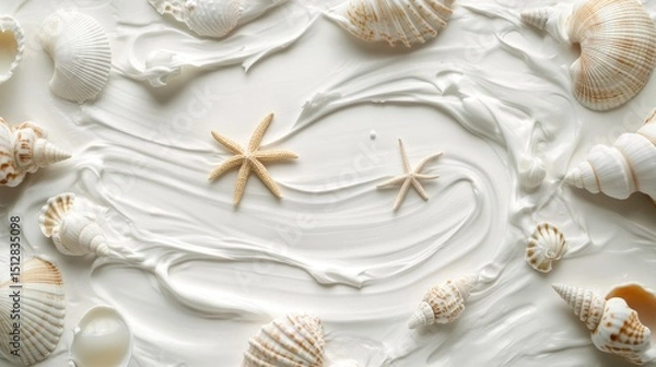 Fototapeta White background with shells and starfish