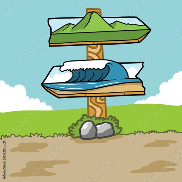 Obraz Directional sign with illustration pointing to the sea and mountains, flat illustration for summer