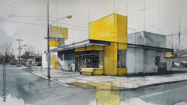 Obraz cultural critique layout | light as presence | emotional distance | grey and lemon | depth through shadow | still street corner | sharp window division | understated contrast | roadside culture |
