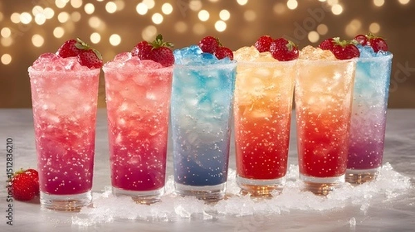 Fototapeta Refreshing Strawberry Summer Cocktails Colorful Iced Drinks with Berries