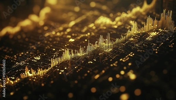 Obraz Golden stock market chart showing a strong upward trend on a black background with glowing financial data