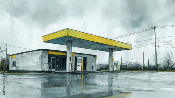 Obraz editorial on loneliness | alienation in routine | quiet introspection | grey and lemon | still horizon line | empty gas station | twilight horizon wash | minimalist architectural framing | silent