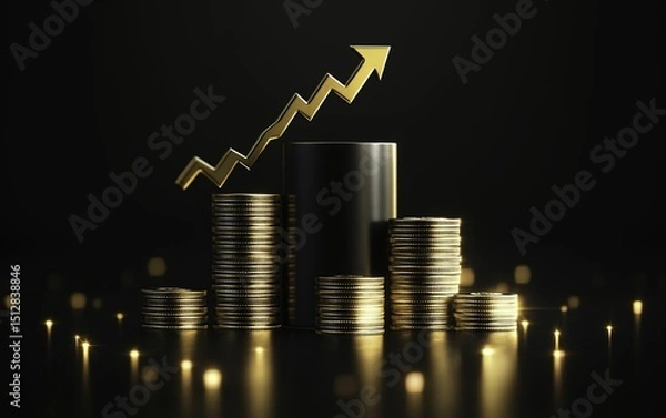 Obraz A stack of gold coins arranged on rectangular black podium blocks with an upward arrow symbolizing financial growth