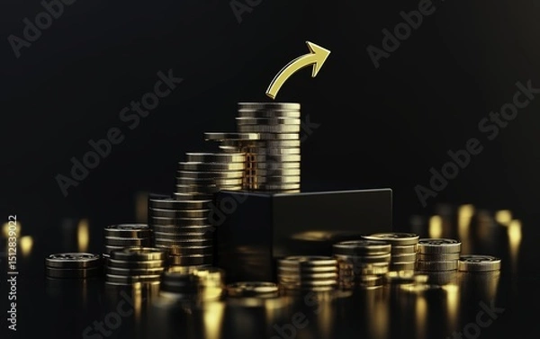 Obraz A stack of gold coins arranged on rectangular black podium blocks with an upward arrow symbolizing financial growth