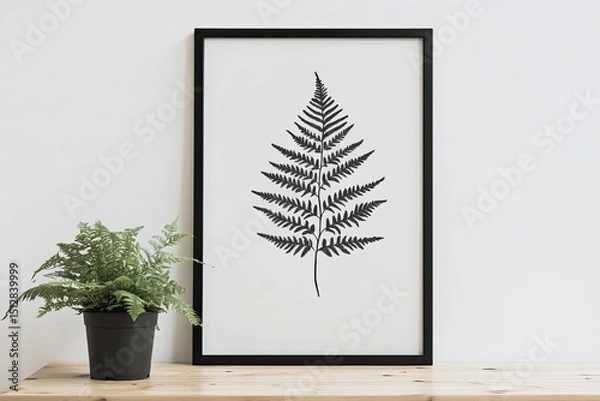 Fototapeta Framed fern print, simple design, on light wood surface