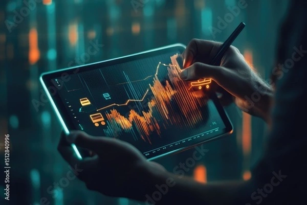 Fototapeta Hands analyzing stock market data on a tablet