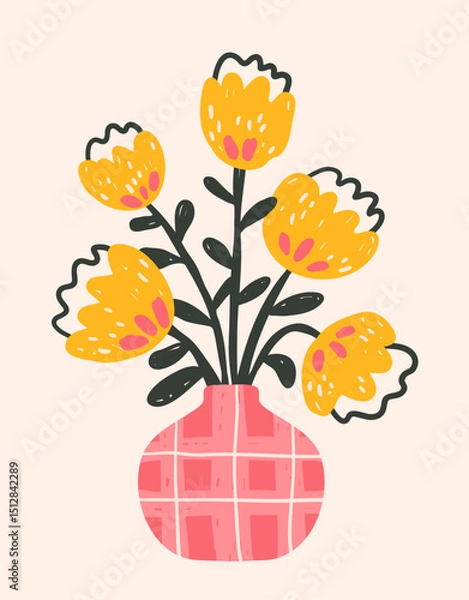 Fototapeta Floral composition with bold bright hand-drawn textured crazy flowers, a ready-made template for funny modern poster or postcard in naive style, vector illustration