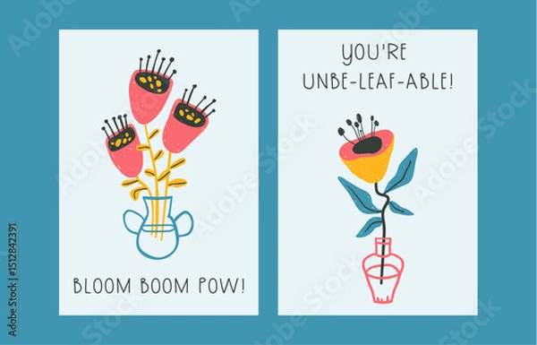 Fototapeta Set of bold optimistic greeting cards or posters templates, bright positive funny hand drawn flowers in naive style, textured vector illustrations set