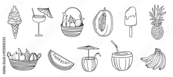 Fototapeta A set of black hand-drawn line icons on the theme of vacation and sea rest, bundle of vector symbols of beach food and drinks, fruits and cocktails,, isolated on a white background