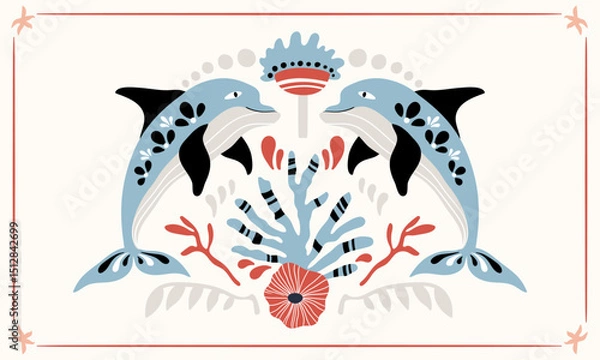 Fototapeta Folk hygge ready to use vector ocean print in Scandinavian style, folkloric isolated design on white. Composition with classic ethnic elements. Scandi folk motifs - sea animals, fishes and flowers