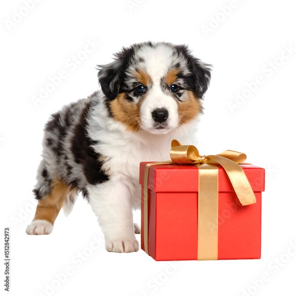 Fototapeta Adorable Australian Shepherd puppy standing next to a gift. The puppy is looking at the camera with big, curious eyes, isolated on transparent background