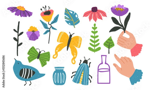 Fototapeta Isolated clip arts on white background, a set of folk naive bold insects, butterflies, birds, flowers, vases and hands in a cheerful, bright hand-drawn vector art