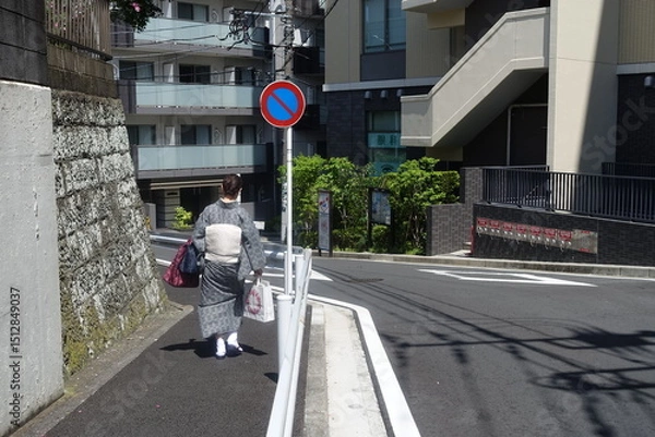 Obraz 日本の着物を着た女性、荷物を持って急ぐ！