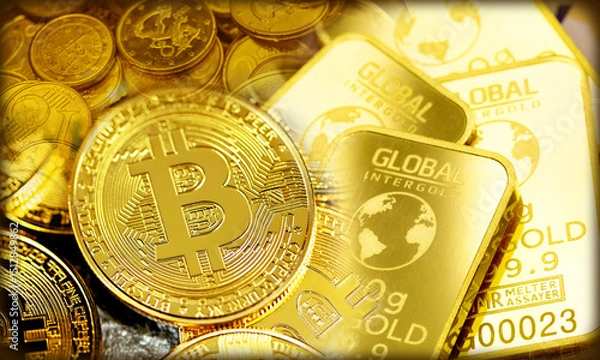 Obraz Abstract background of Gold and Bitcoin fight