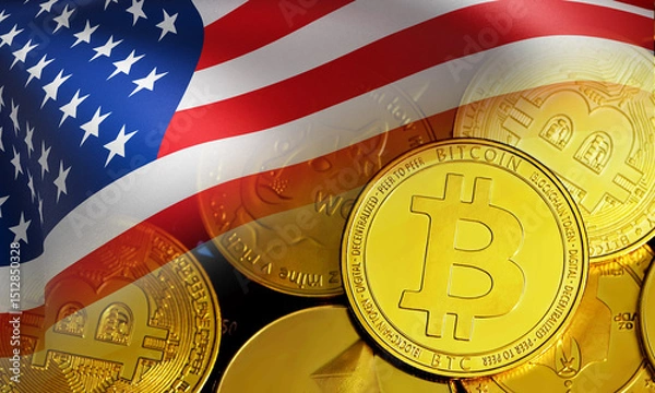 Obraz Abstract background bitcoin and  united states flag