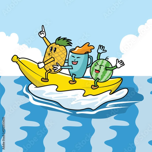 Obraz Cartoon pineapple, drink and watermelon riding a banana boat, flat style illustration for summer