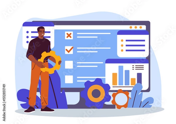 Fototapeta Web development man. Businessman develop online platform. User create UI and UX design elements for website. Programmer and front end developer. Flat vector illustration
