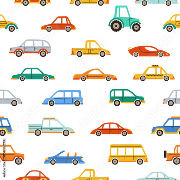 Fototapeta Car hand drawn cartoon seamless pattern. Cute different auto transport pickup, taxi sedan endless boundless background design. Simple repeat print wallpaper with car vector illustration for children