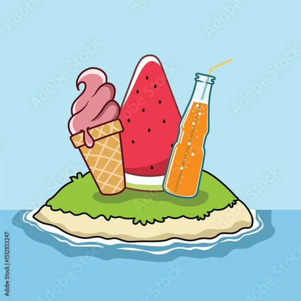 Obraz ice cream, watermelon and drinks on the island, illustration for summer