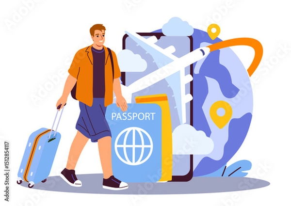 Fototapeta Traveler man with passport. Young guy with luggage near plane. Travel and tourism. Holiday and vacation, journey. Trips and flights around world. Flat vector illustration