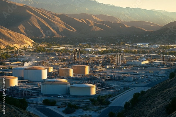 Fototapeta Petroleum Refinery Complex Set Against a Scenic Mountain Backdrop at Sunset