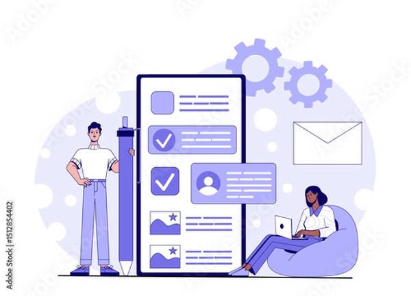 Fototapeta People fill website with content. Woman and man with pencil near smartphone. Team of talented authors and copywriters, bloggers. SEO and SMM specialists. Linear vector illustration
