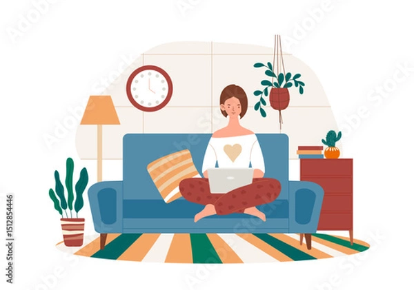 Fototapeta Woman work from home. Young girl sitting with laptop on sofa. Freelancer makes money on Internet. Remote employee with online earnings. Comfortable workplace. Flat vector illustration