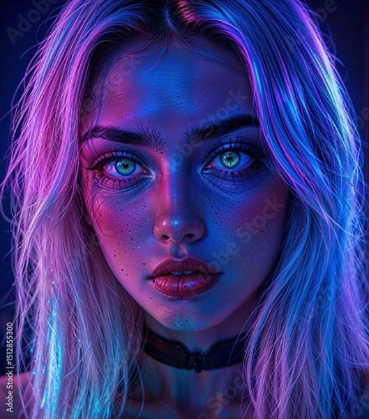 Fototapeta A view of the beautiful eyes of a girl standing in red and blue light.