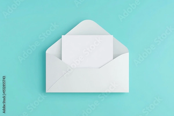 Fototapeta Elegant white envelope with a blank card on a serene turquoise backdrop