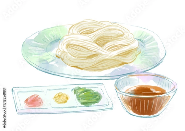 Fototapeta 美味しそうなそうめんの手描き水彩イラスト(透過PNG)
