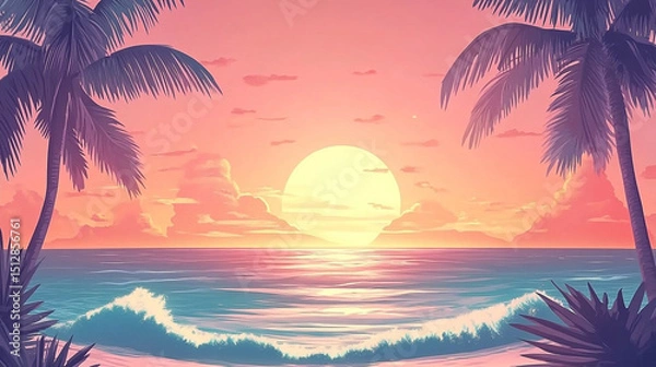 Fototapeta Serene Tropical Beach Sunset with Palm Trees and Gentle Waves Graphic Art