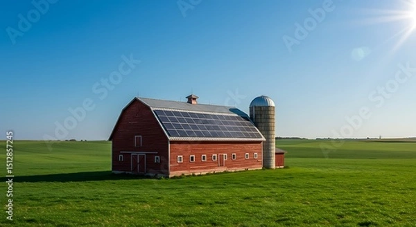 Fototapeta Rustic red barn with solar panels installed on the roof, surrounded by green fields and a clear blue sky — blending tradition with renewable energy