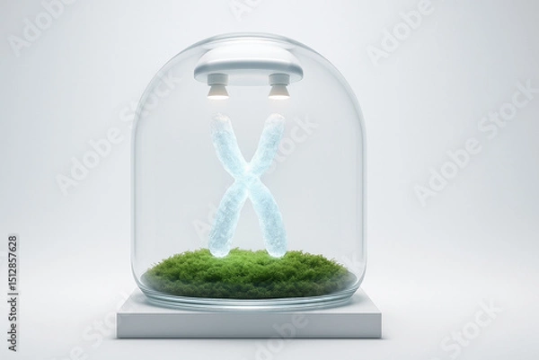 Fototapeta A glowing, icy-blue chromosome suspended upright under soft white lights within a sleek glass dome - Generative AI