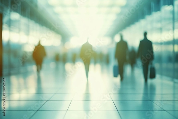 Fototapeta Blurry depiction of business travellers walking through a modern terminal