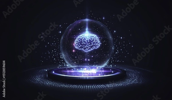 Obraz A futuristic blue digital background featuring a glowing holographic brain floating in the center